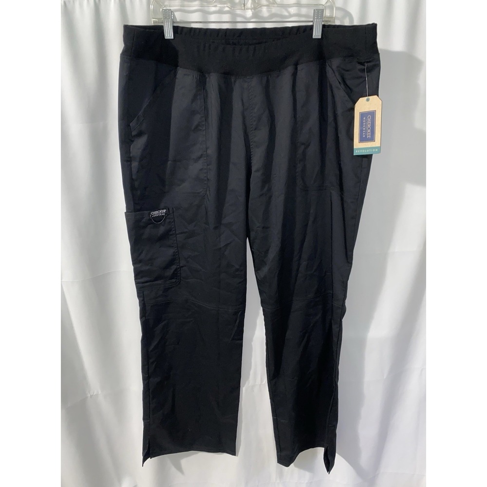 Cherokee Womens XL Revolution Elastic Waist Cargo Pocket Scrub Pants Black WW110